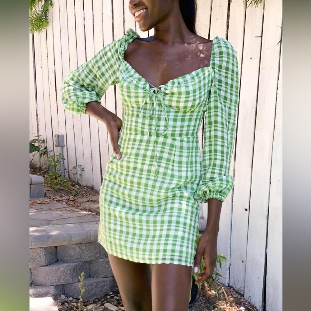 Green check mini dress